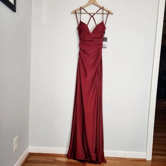NWT La Femme Long Criss Cross Open Back Side Slit Trumpet Dress Burgundy Size 2 - Picture 2 of 12